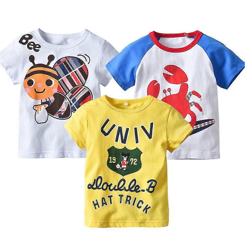 3pcs Kids Boys T-shirts Cartoon Print Round Neck Short Sleeves Cotton Tops for Summer
