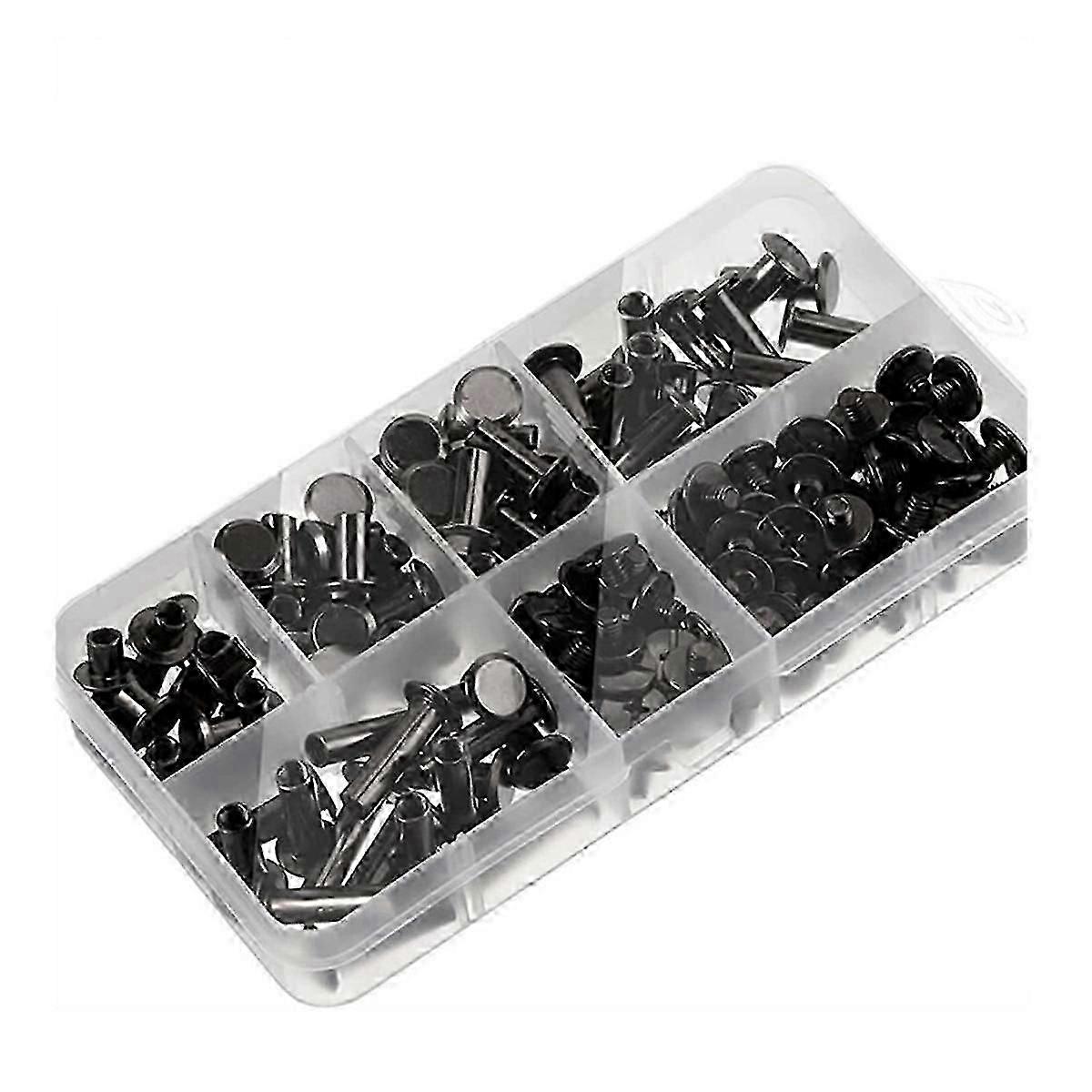 90套芝加哥螺丝套装，6种尺寸螺丝铆钉金属芝加哥螺丝螺丝，用于DIY修理皮革工艺皮带黑灰色