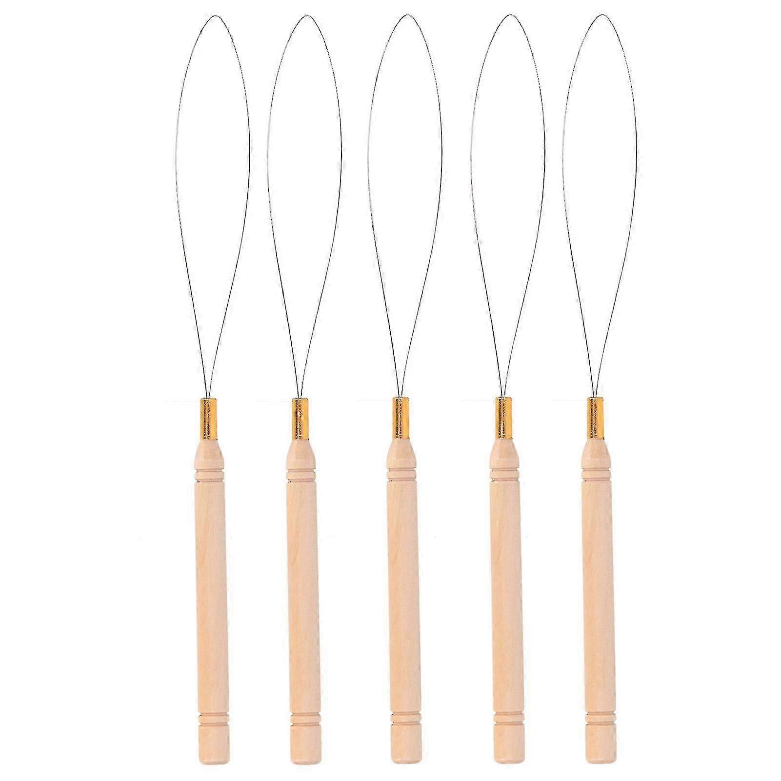 5PCS Hair Extension Loop Needle Kit Anti Slip Beech Handle Pulling Hook Needle for Tufting