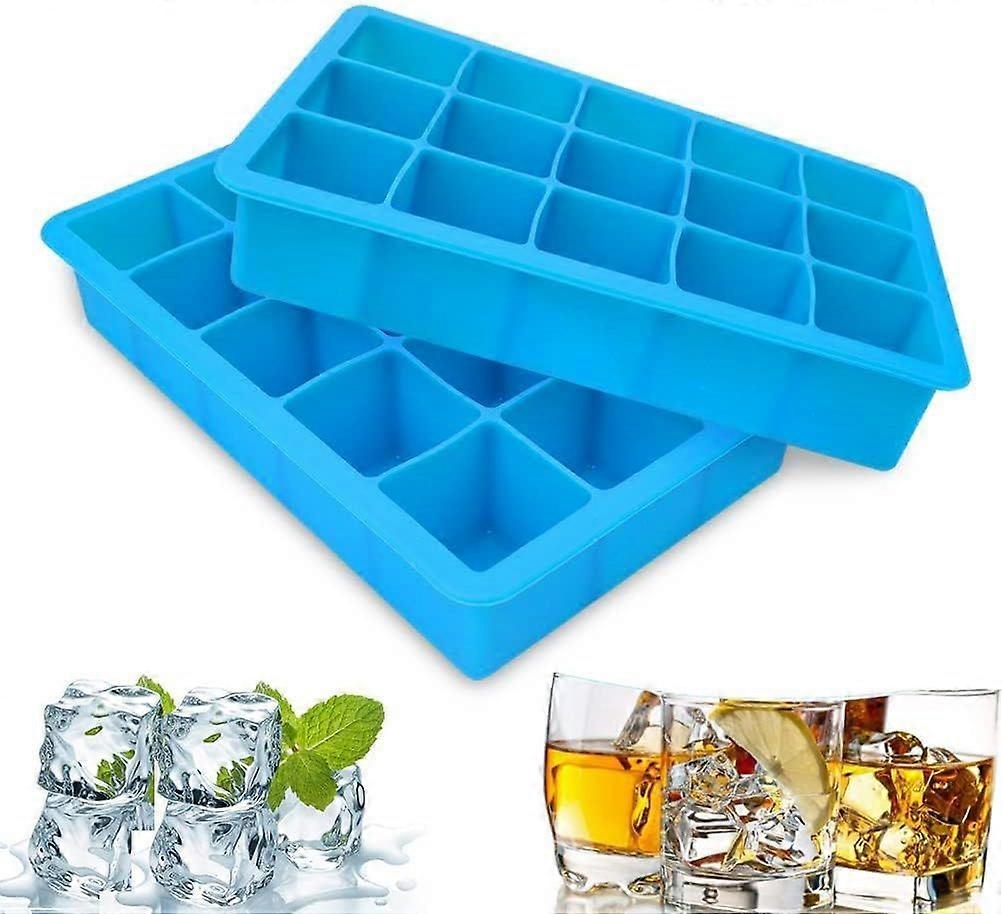 2 Pack Silicone Ice Cube Trays, Easy Release Ice Cube Molds, 15 Ice Cubes Per Tray, Suitable for Chocolate Whiskey Cocktail Any Drinks (Blue)