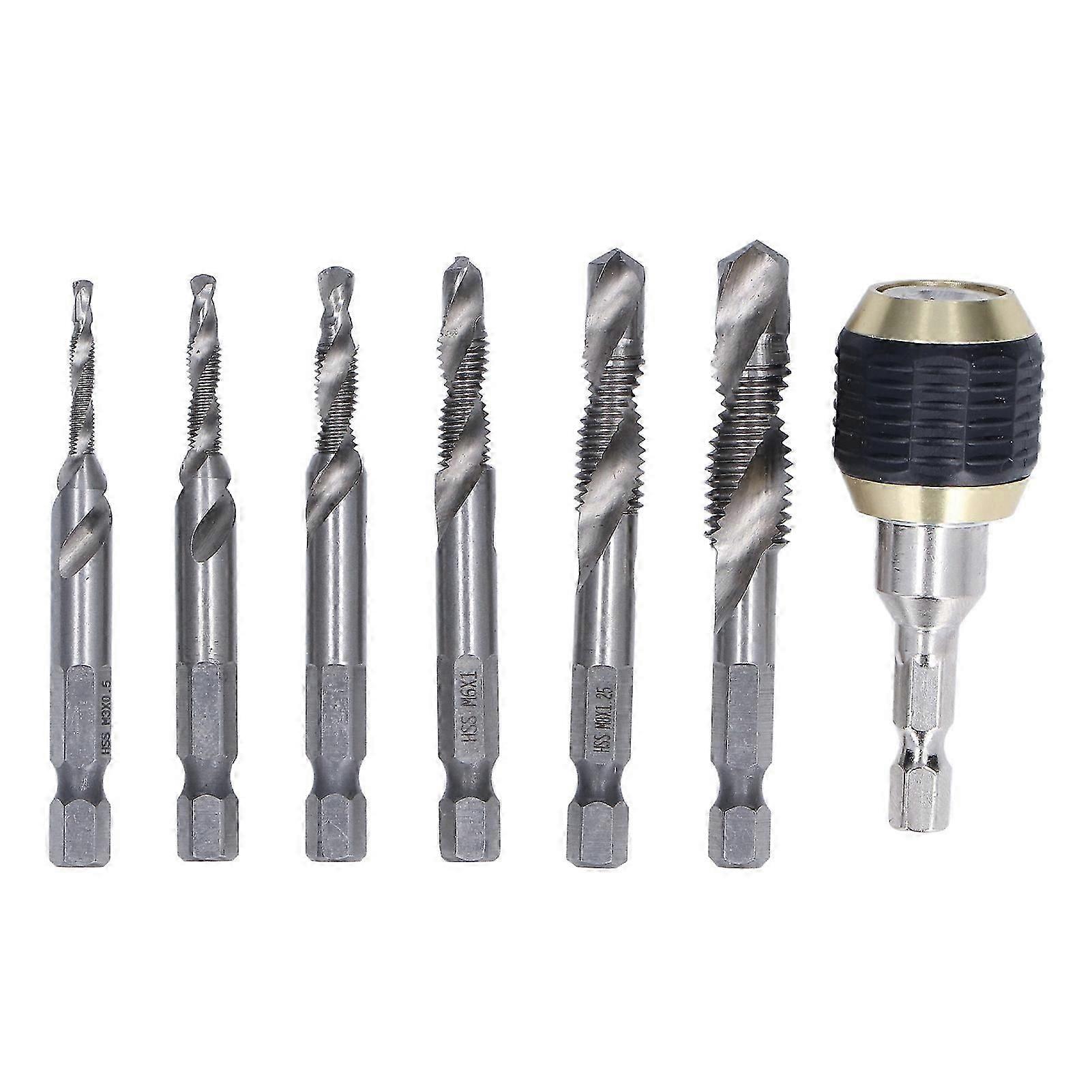 7Pcs/Set Spiral Combination Tap High Speed Steel 1/4in Hex Shank Taps Drill for TappingSilver Tap