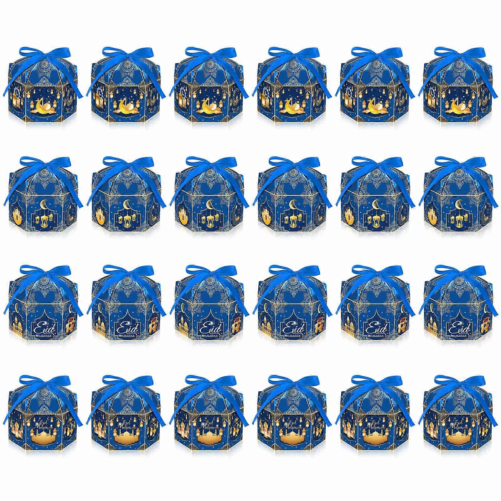 24Pcs Ramadan Gift Boxes and Colored Wrapping Ribbons Gable Boxes for Eid Party Treat Boxes Candy Bag Ramadan Goodie Box