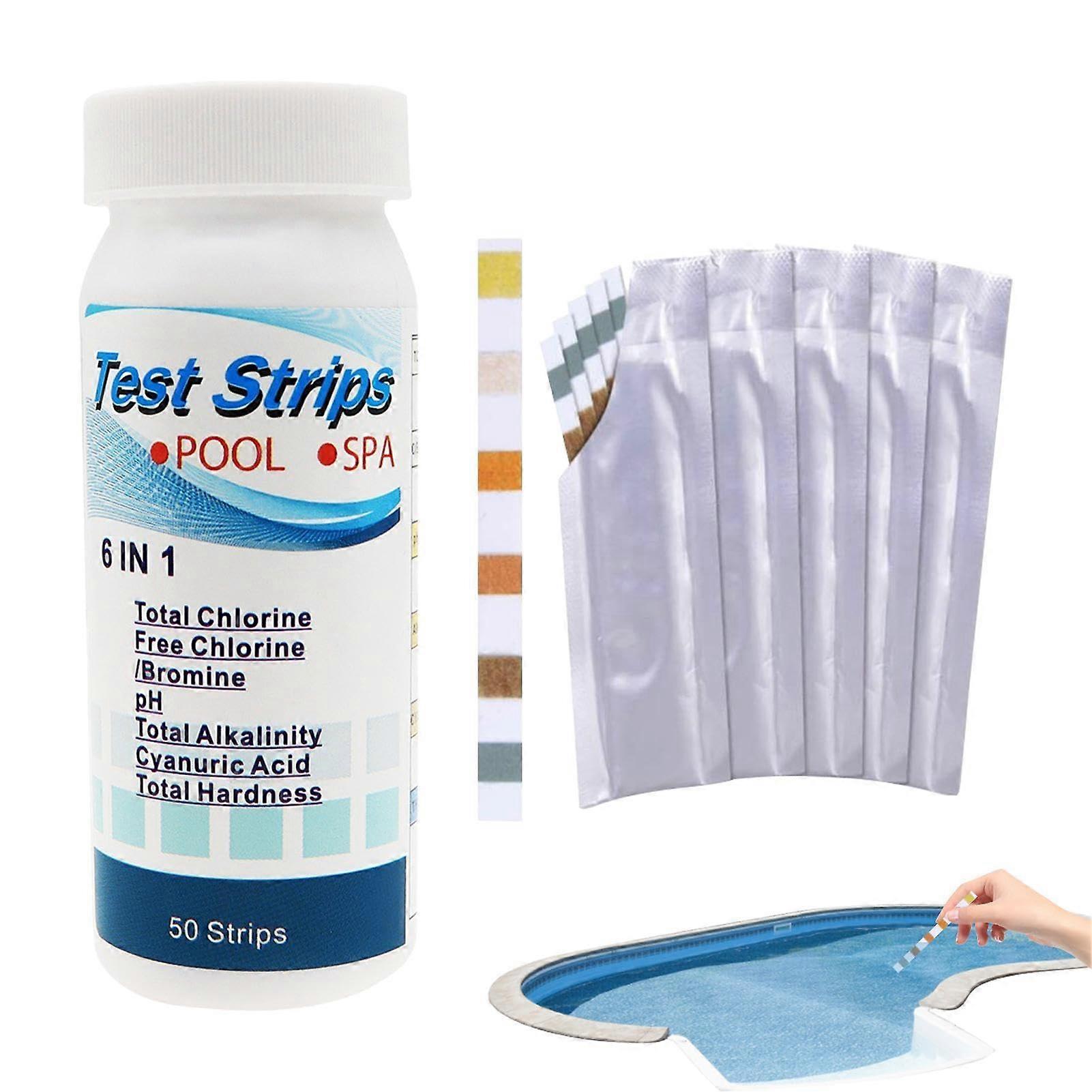 Test Strips Pack Of 50 For Spa And Pool Kit For Alkalinity, pH, Free Chlorine, Total Chlorine, Hardness, Cyanuric Acid