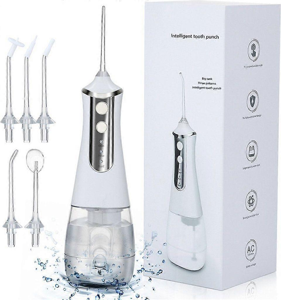 Electric Cordless Oral Irrigator, 3 Modes, IPX7 Waterproof, with 5 Nozzles, White