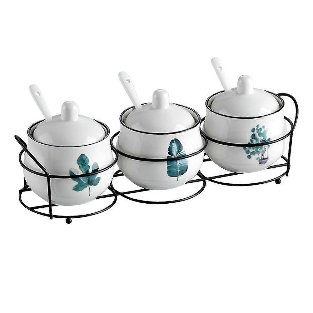 Ceramic Condiment Holder Set with Rack for Salt, Pepper & Spices – Safe, Simple Storage for Kitchen & Dining Use