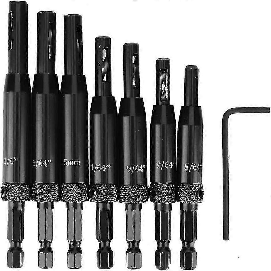 7-Piece Hinge Drill Bit Set - Hex Shank Window Door Wood Cabinet Sizes: 5/64" to 1/4"