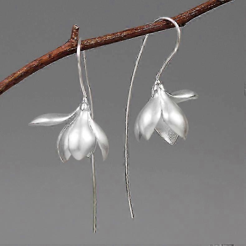 s925スターリングシルバーピアスエレガントマグノリアフラワードロップピアスナチュラル