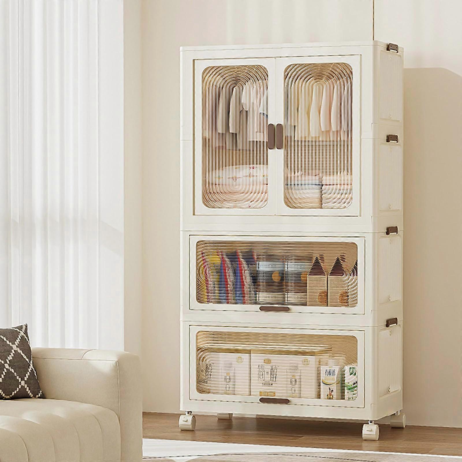 Portable Children's Wardrobe with Wheels, Transparent Plastic Costume Organizer, 57cm Clothes Rail and Doors