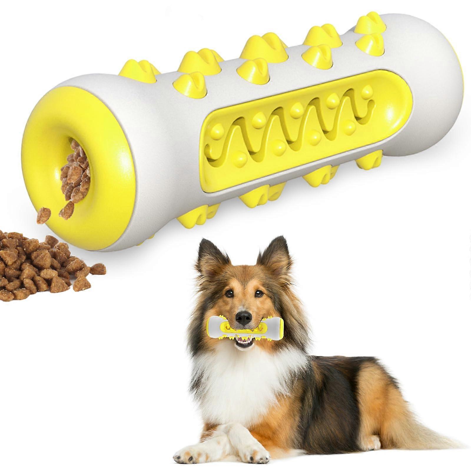 3 in 1 Dog Chew Toy, Indestructible Dog Toy, Squeaky Chew Toy for Dogs that Cleans Teeth, Acts as a Bite Stick and Food Lick Stick (Yellow)