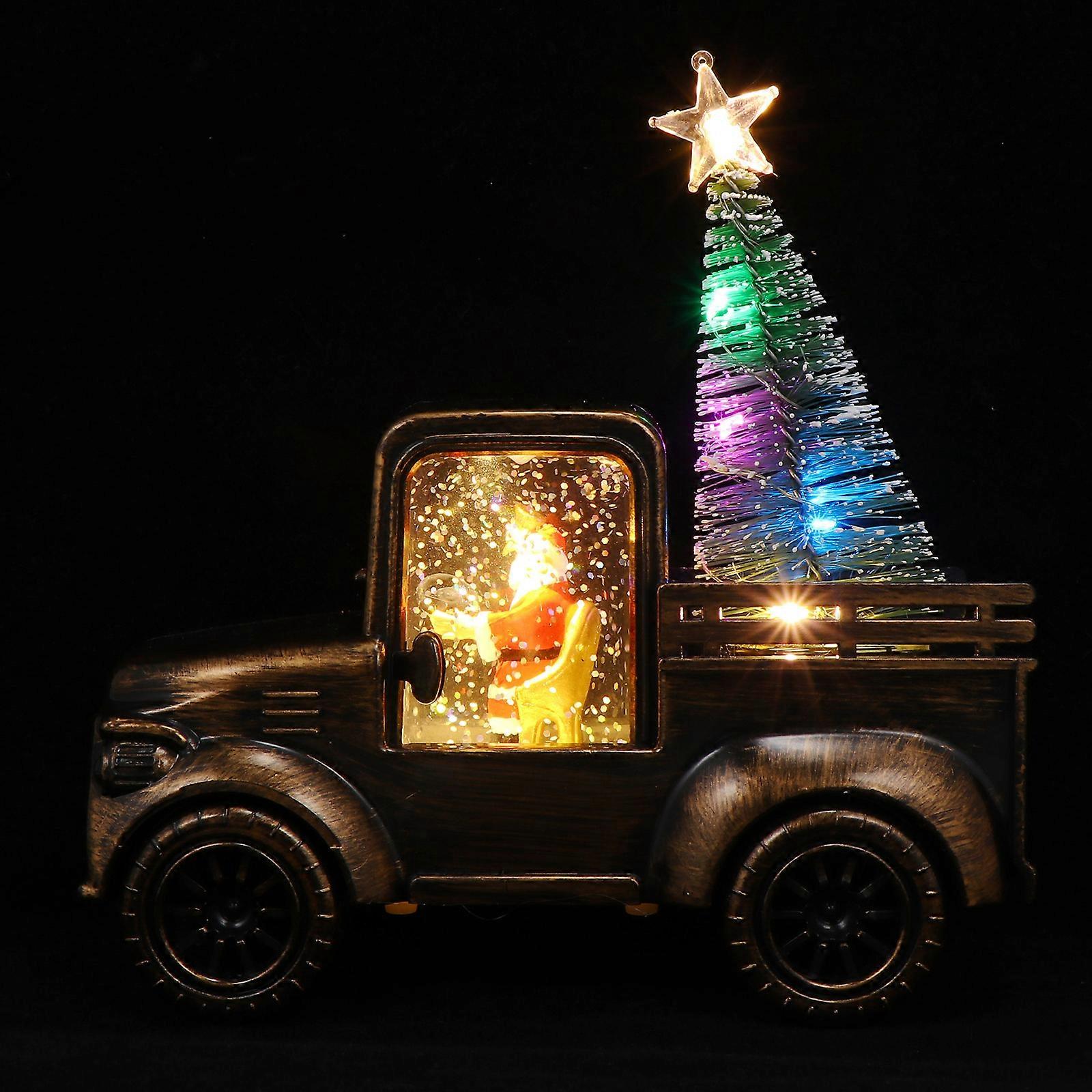 Luminous Bronze Santa Claus Tractor Ornament with Lighted Christmas Tree – Festive Home & Office Decoration