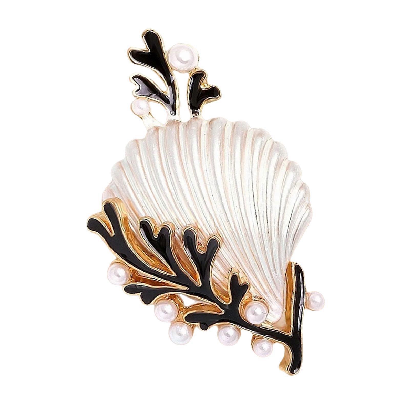 Stylish Coral Shell Brooch Adorned With Pearls And Vibrant Drip Glaze Elegant Lapel Pin Accessory For Versatile Styling White