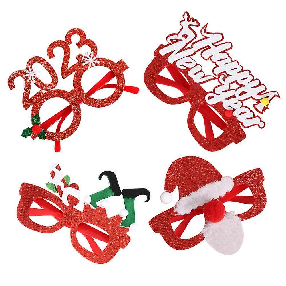 4pcs Christmas Eyeglasses with Santa Hat, Candy Cane & Happy New Year Designs – Festive Party Frames for Holiday Celebrations & Fun Photo Props