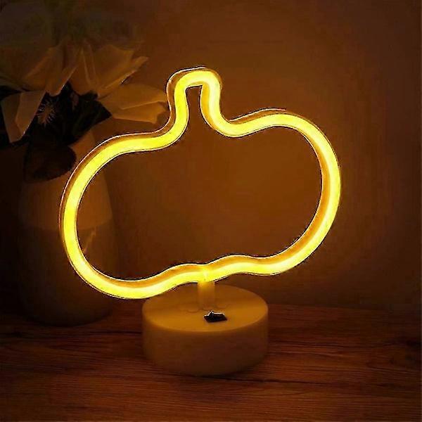 LED Jaune Citrouille Néon Enseignes avec Base Halloween Festival Lumières Décoratives Lampe de Table Veilleuse USB/Batterie