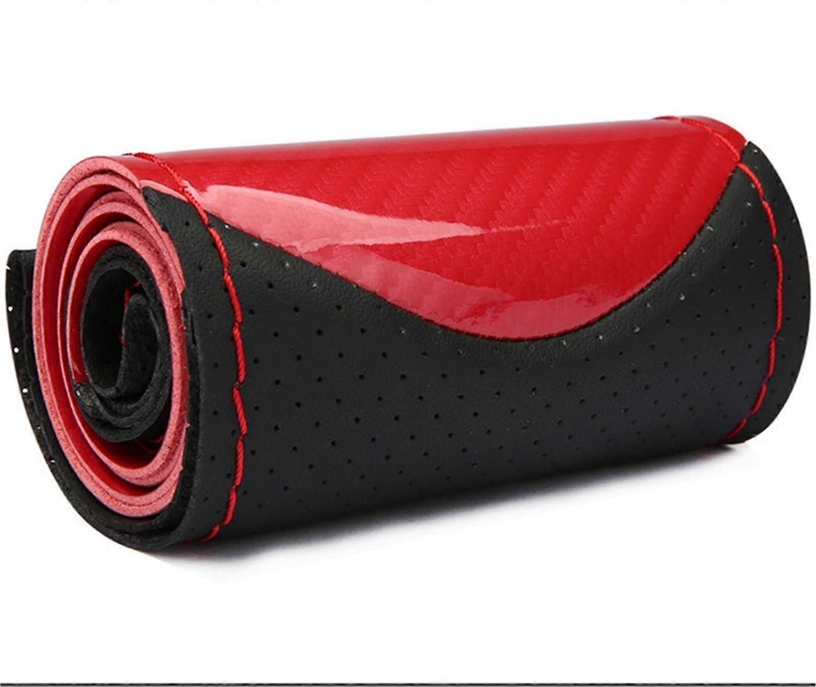 Car Steering Wheel Cover Soft Carbon Fiber Leather Weave With Red Thread Stitching For Universal Fit