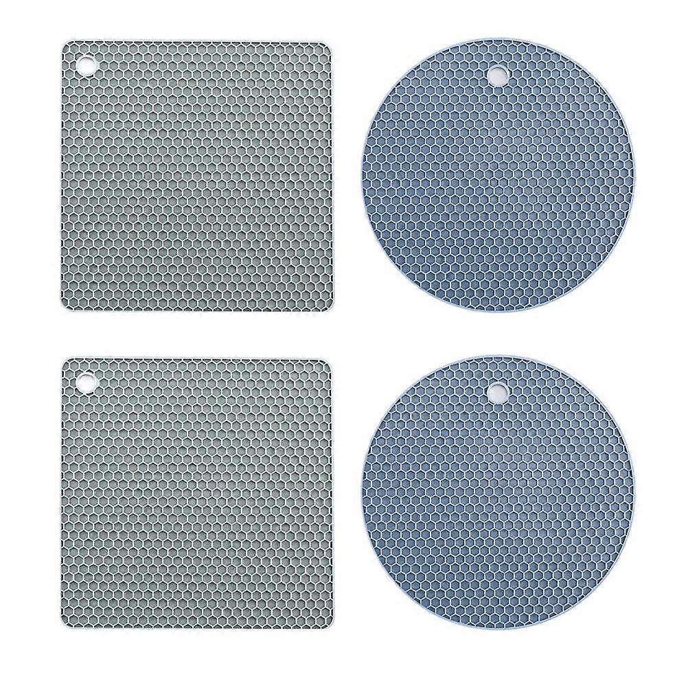 4Pcs Silicone Dining Table Insulation Mat Slip-Resistance Kitchen Use Honeycomb Shape Cup Mat Blue Circle And Gray Square