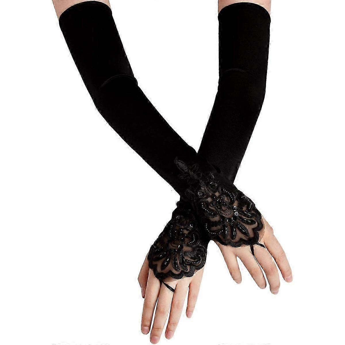 Beaded Hook Finger Embroidered Long Black Gloves