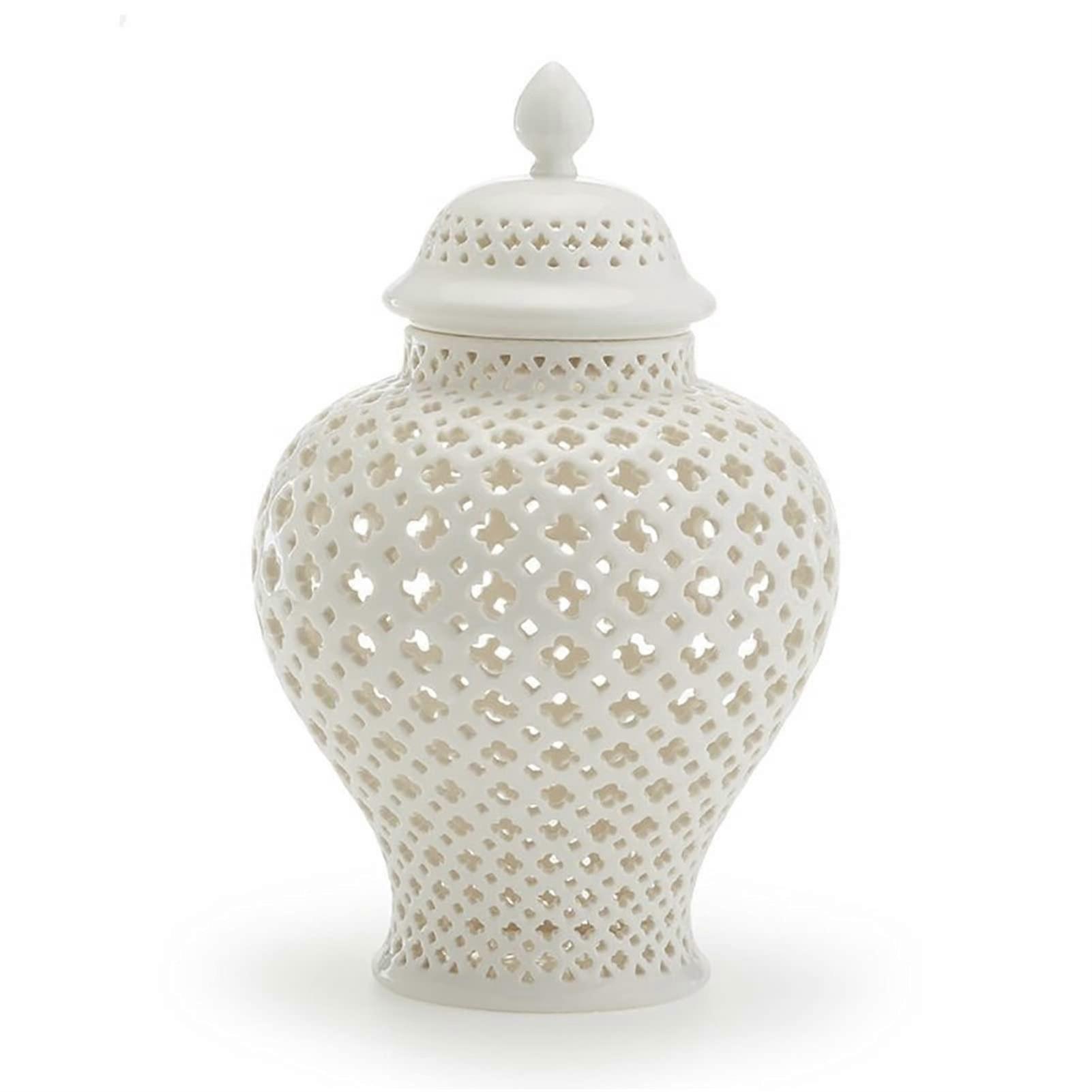 Traditional Chinese White Carved Lattice Ginger Jar with Lid (White 16*27.5cm)
