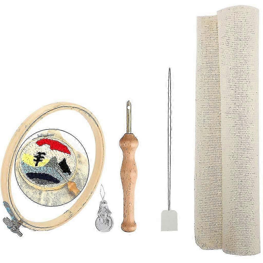 Thick Wool Embroidery Needle Set With Wooden Handle Craft Needlework Stitching Kit Include Embroidery Hoop Table Cloth Felting Threader Set Accessorie