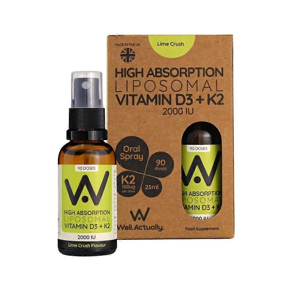 Well Actually Vit D3 (2000IU's) + K2 (100mcg) Liposomal Spray Lime 25ml - 3 Pack