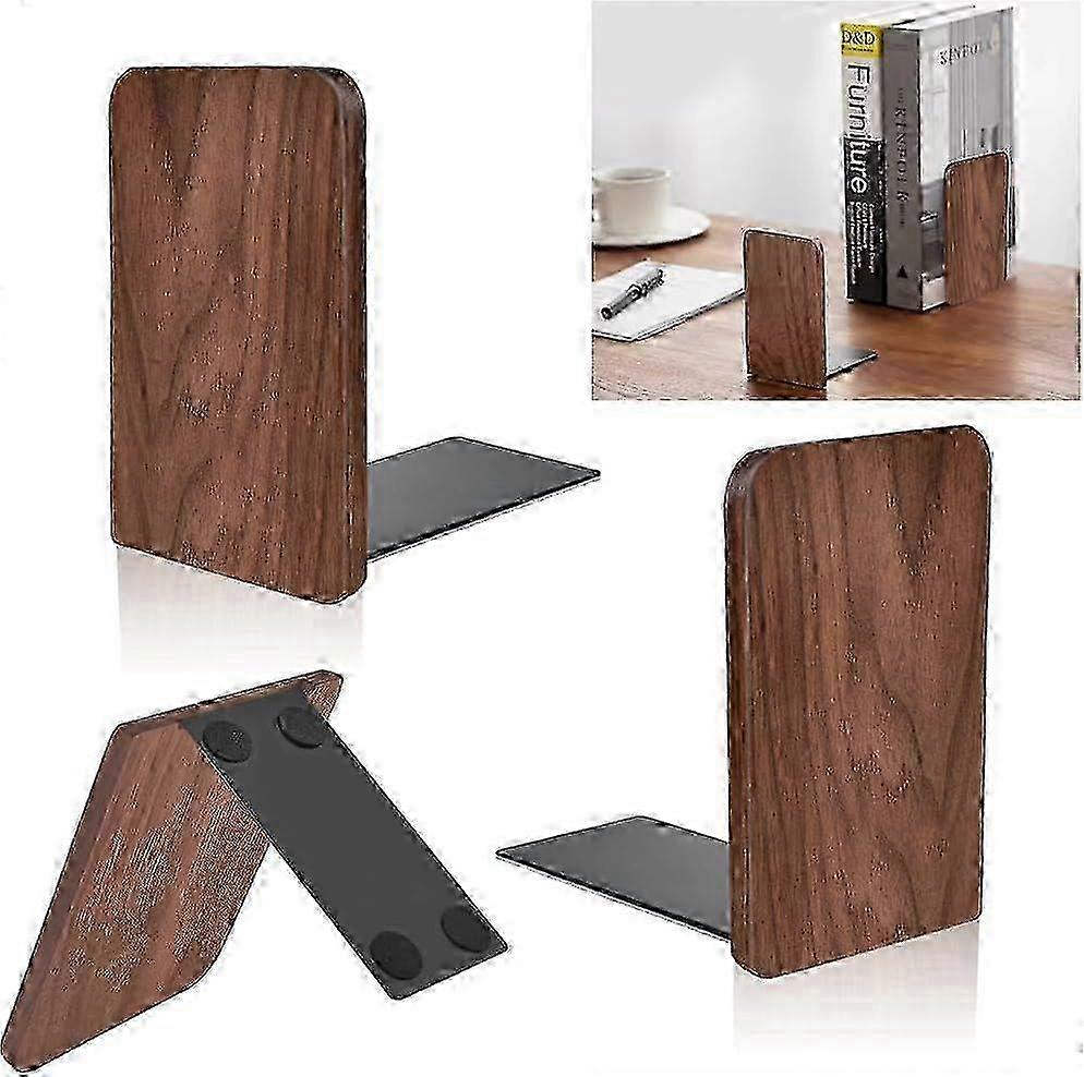 Heavy Duty Non-Slip Walnut Wood Bookends with Natural Square Design for Sturdy Book Support