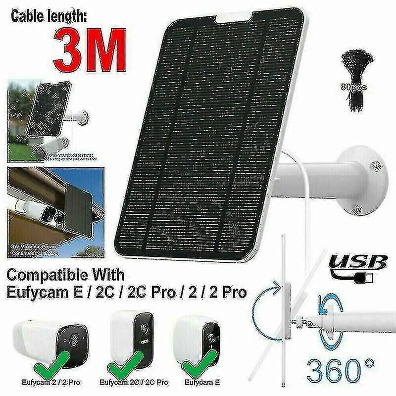 Solar Panel For Eufycam 2/2c/2c Pro/e/2 Pro 4w Mount Bracket 13ft Cable Black-hy
