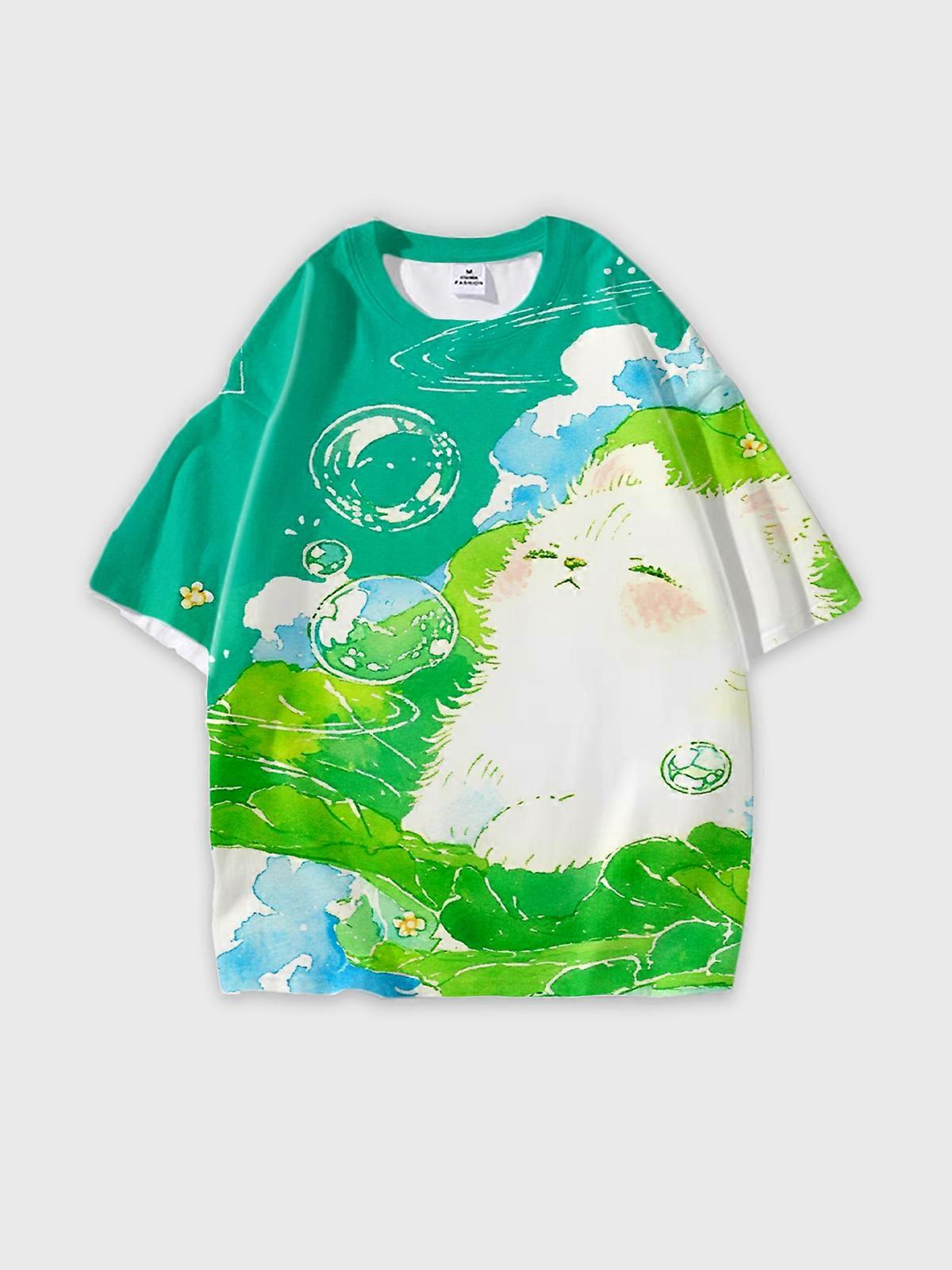 T-Shirt Round Neck, Loose Short Sleeve Pattern Graphic Tee, Unisex Summer Casual Top W414