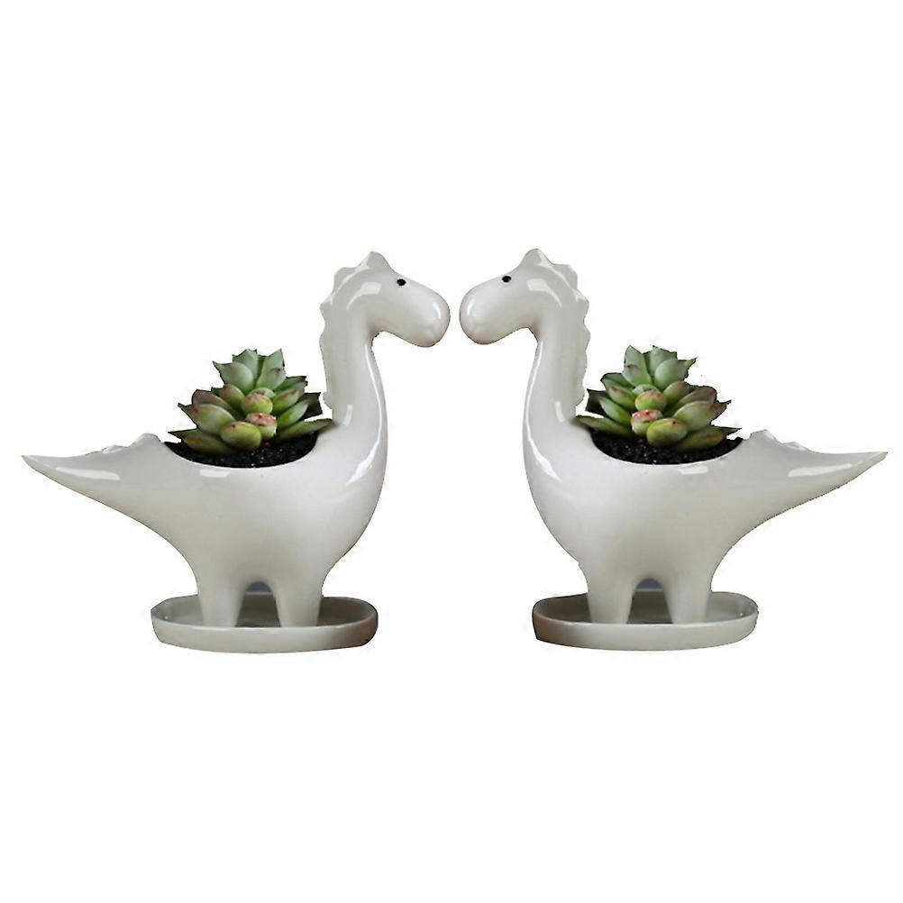 Desktop Decor Ceramic Flower Pot Dinosaur Shape for Planting Use 6Pcs White