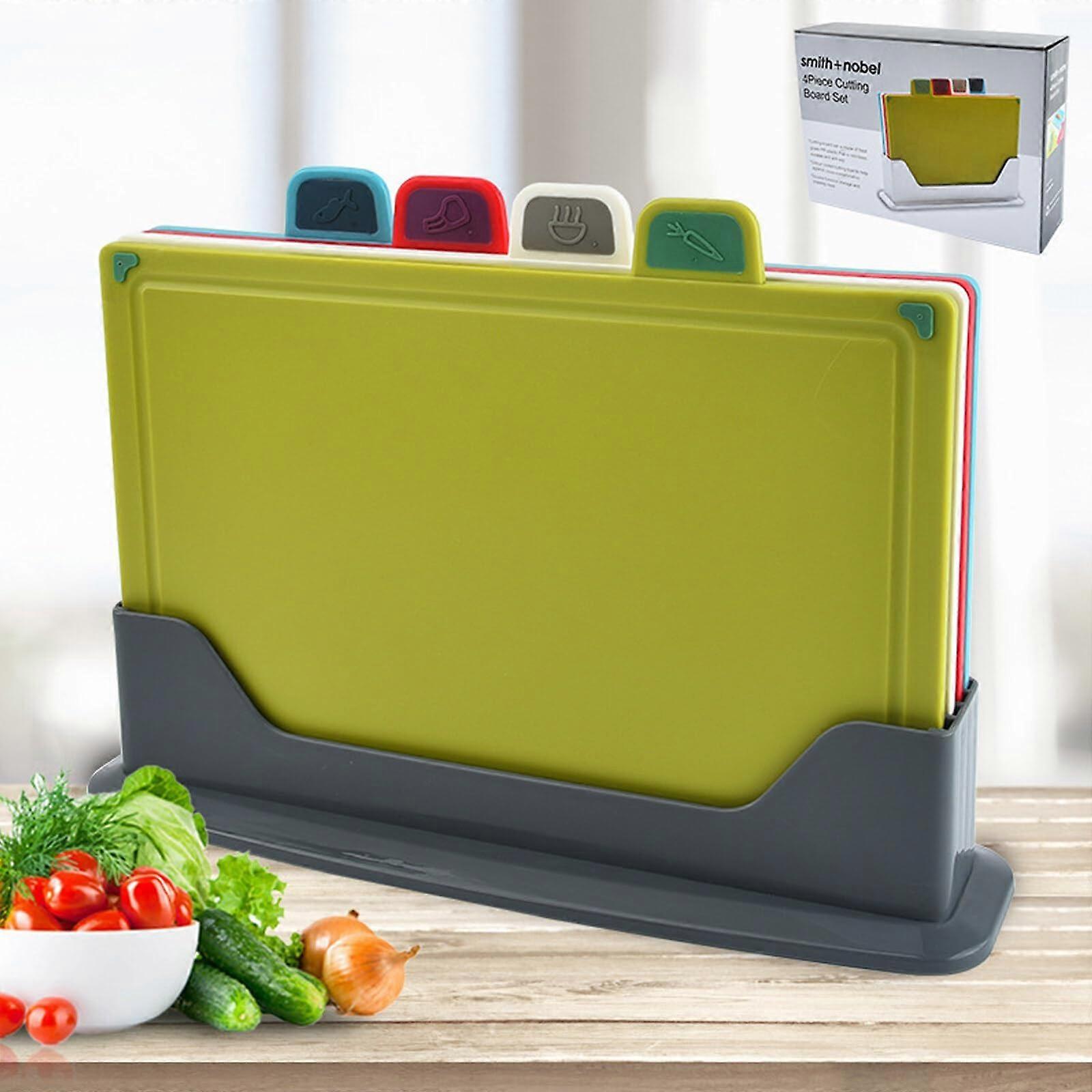 4 Piece Color Coded Plastic Cutting Board Set With Storage Stand Non Slip Reversible Dishwasher Safe Meat Fish Veggies