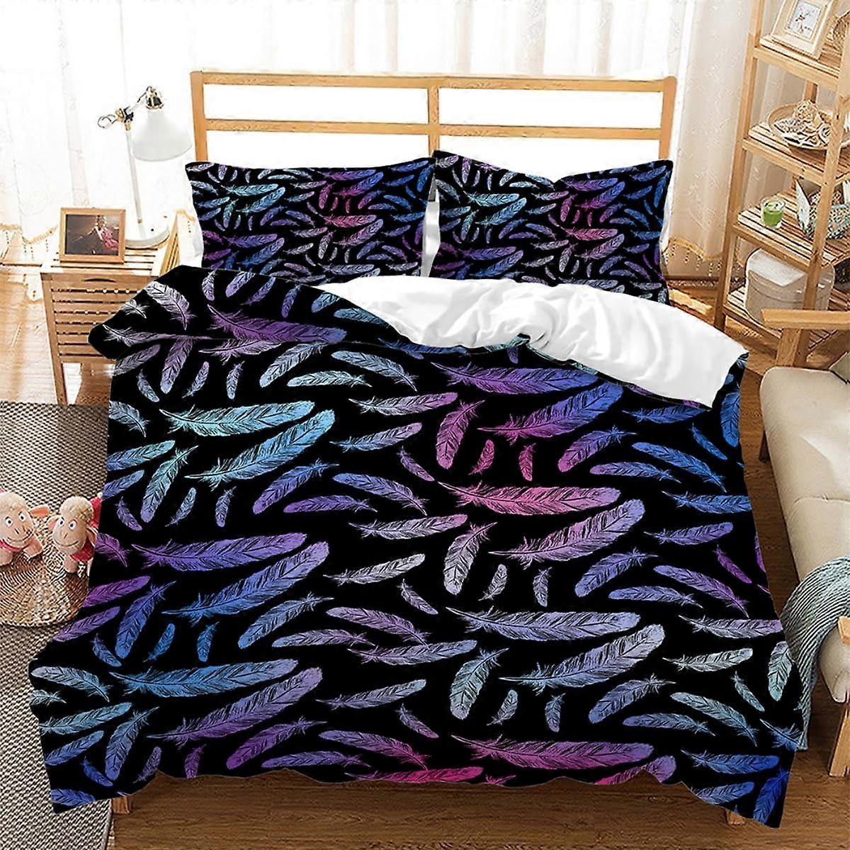 Bohemian Feather Fantasy Duvet Cover Set for Kids Girls, Queen Size Butterfly Patterned Bedding with Zipper Ties and Pillowcases