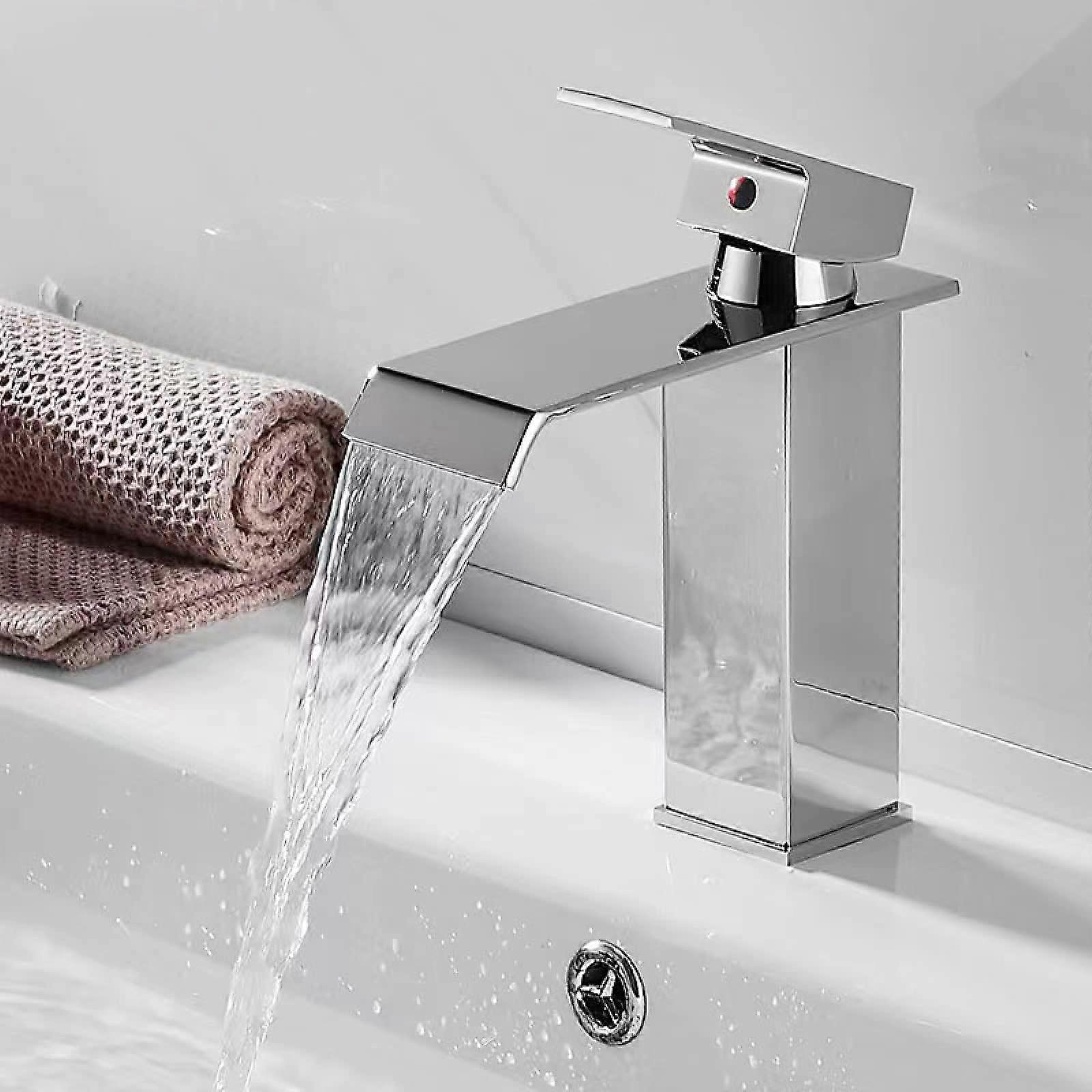 Waterfall Sink Faucet Chrome Plated Stainless Steel Lavatory Faucet Waterfall Spout Single Handle Single Hole Basin Mixer