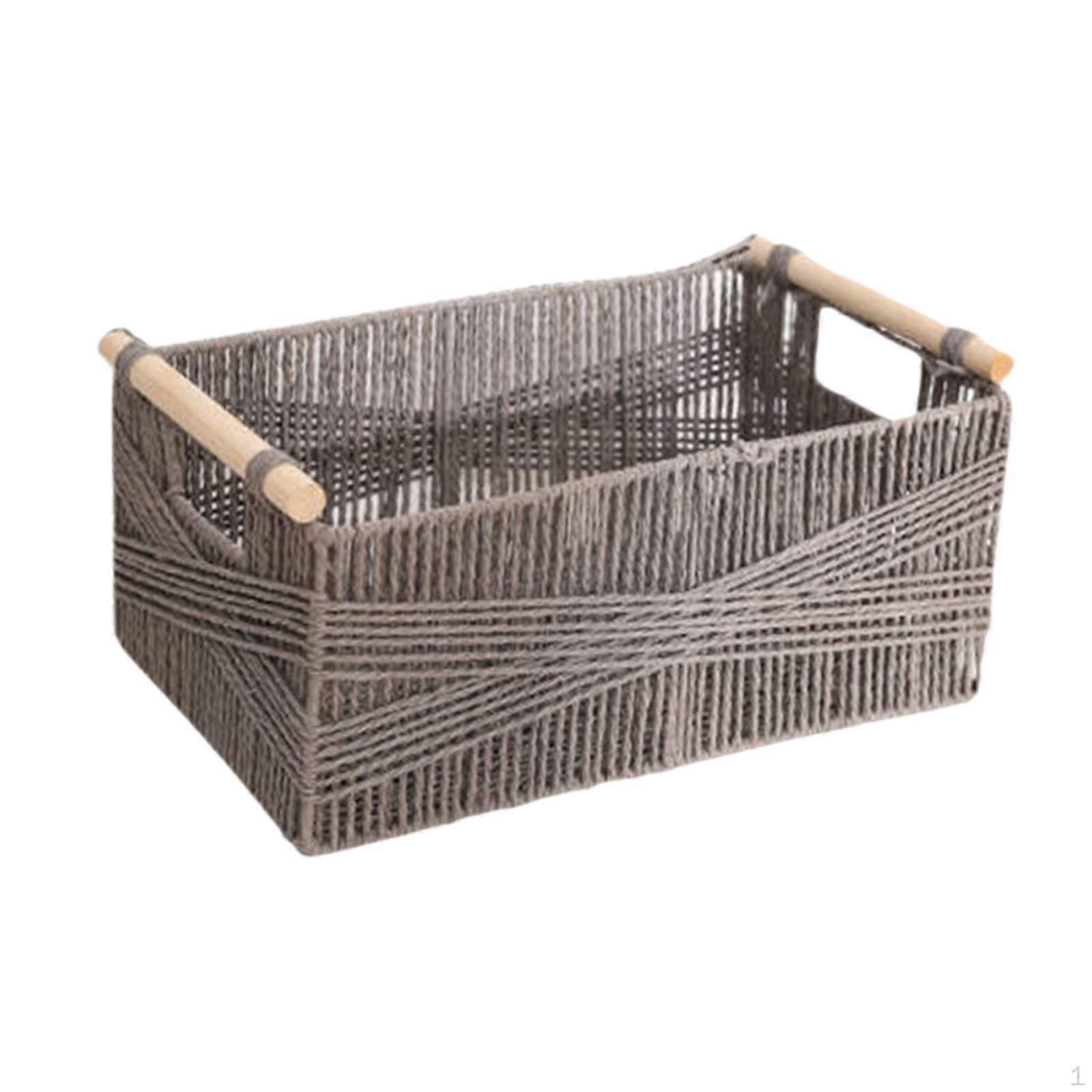Cabinet Organizer Bin Paper Rope Basket with Wooden Handle Rectangular Stackable Storage for