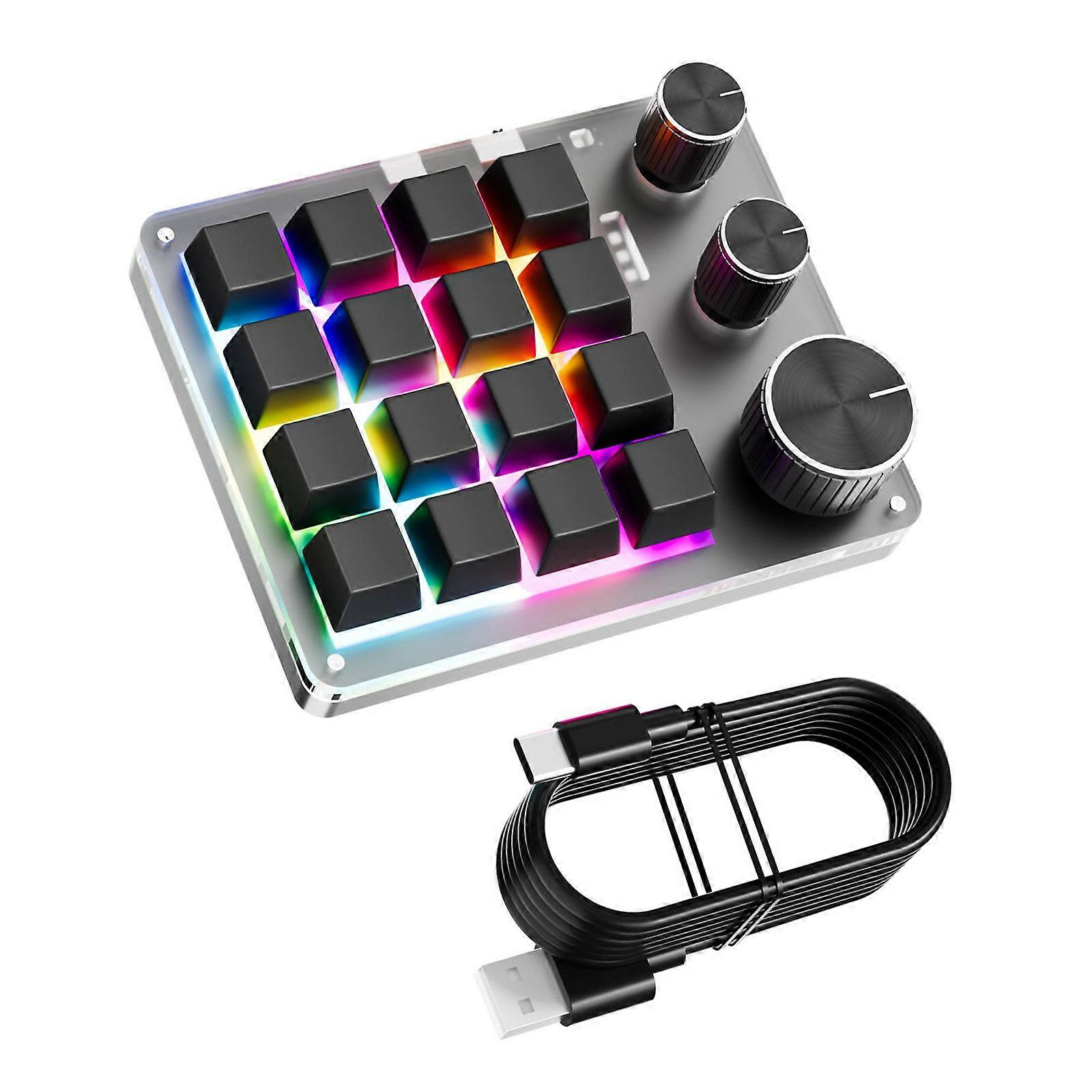 USB Macro Programmable Keypad 16Keys 3 Knobs with Detachable Cable for Versatiled Use in Gaming and Office Environment Multicolor