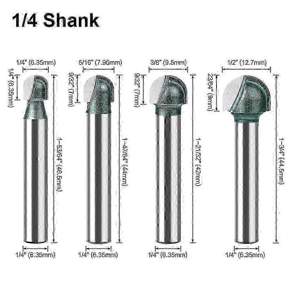 4Pcs 6.35Mm Shank Round Tip Router Bit Set for Cnc Sign Woodworking Carving Tool A