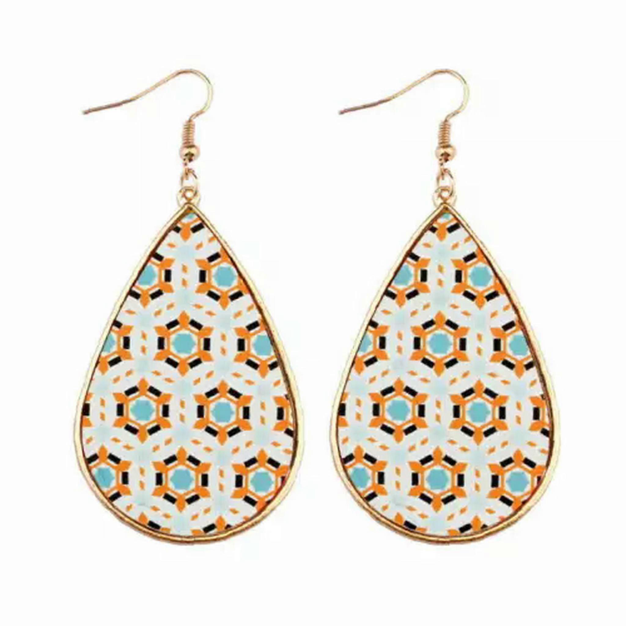 RSAMD Bohemia Gold Plated Texture Pattern Teardrop Pu Leather Hook Statement Earrings -Light Blue