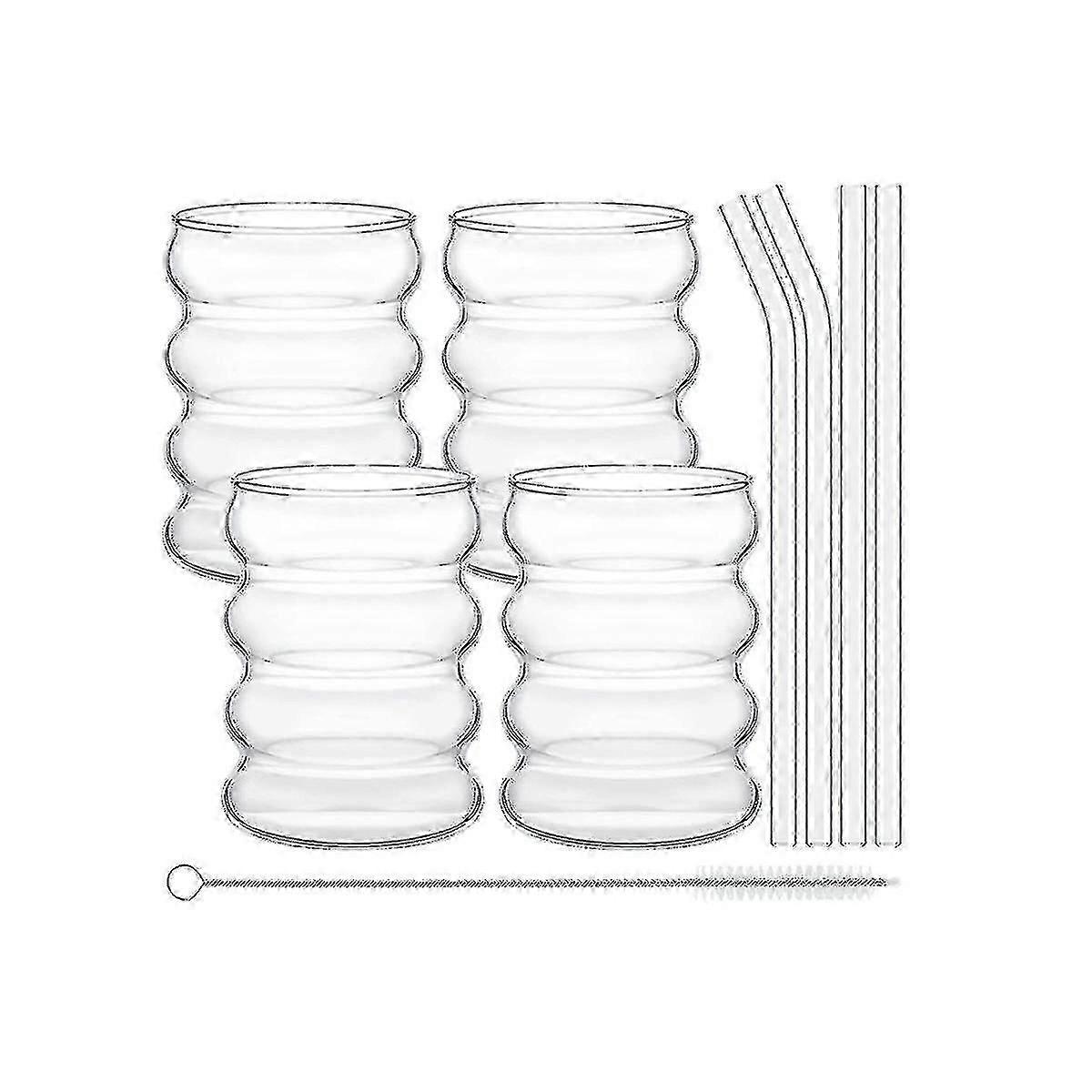 Glasses set for kitchen coffee juice with straw ripple retro