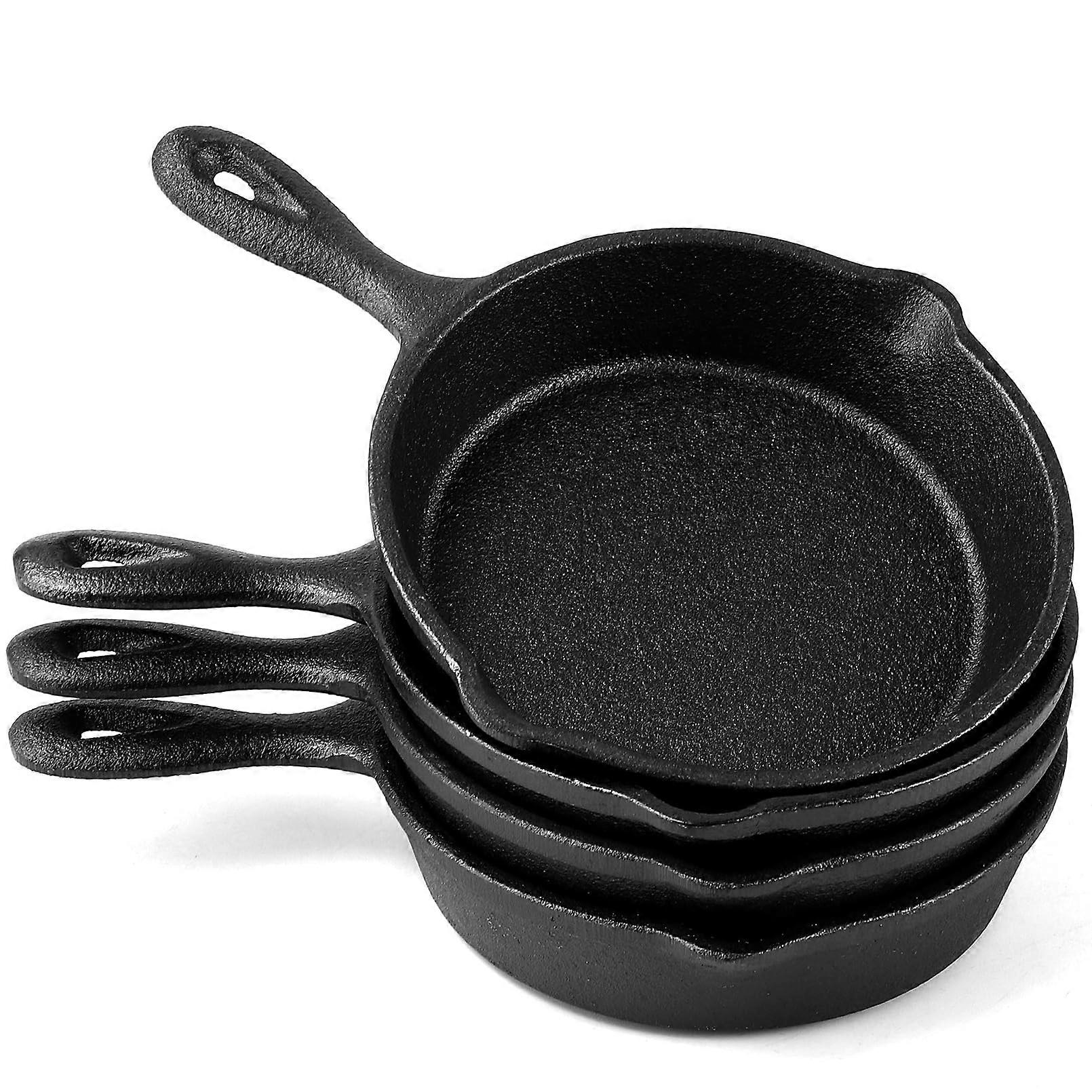 4 Pack 4 Inch Mini Cast Iron Skillet Set with Dual Drip Spouts for Individual Servings and Even Heating