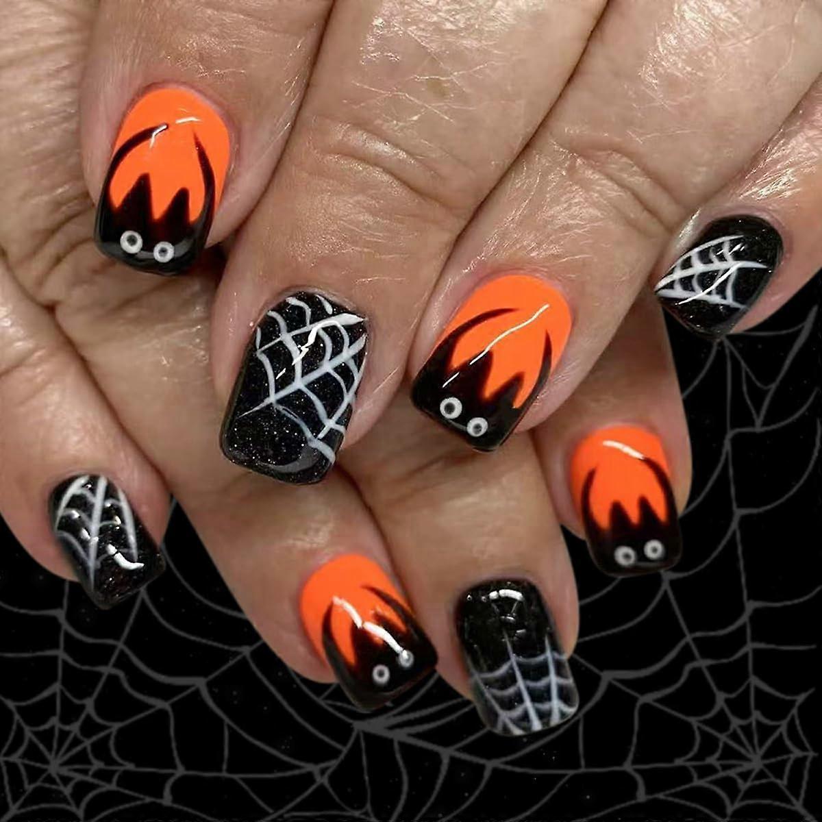 Halloween Press On Nails Short Square Black Glitter Bat and Spider Web Design Reusable 24pcs
