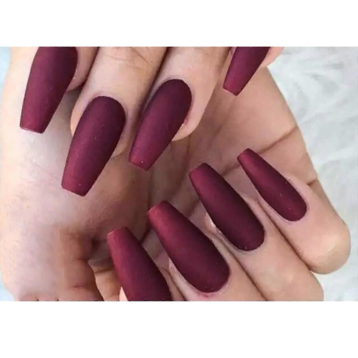Wine Red Medium Matte Coffin Press On Nails Set 24PCS Artificial Acrylic Ballerina False Nails