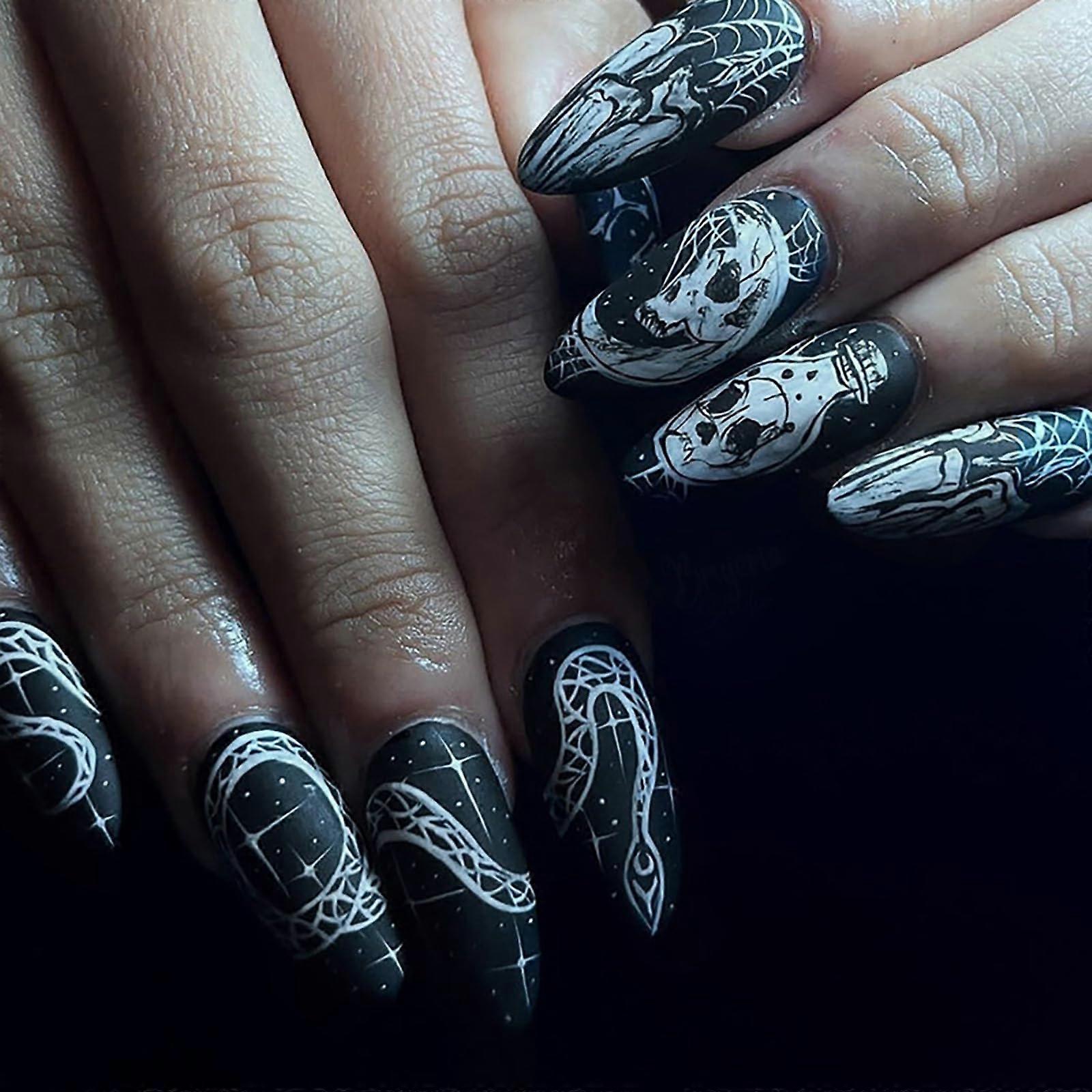 Halloween Gothic Press On Nails Set with Horror Skull Design, 24pcs Matte Black False Nails