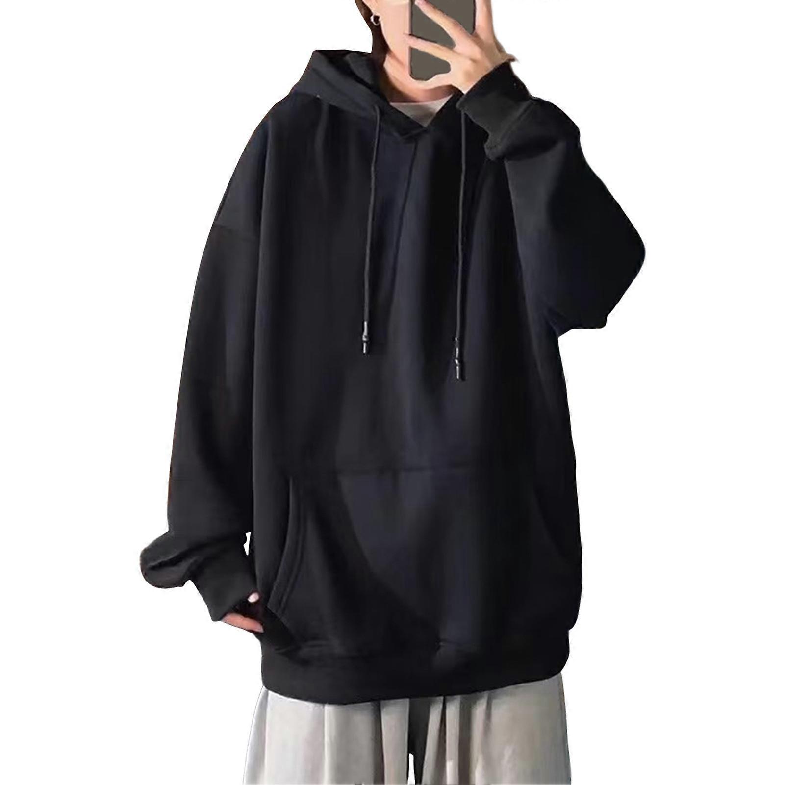Men Fall Winter Hoodie with Big Front Pocket Solid Color Drawstring Long Sleeves Hooded Elastic Cuff