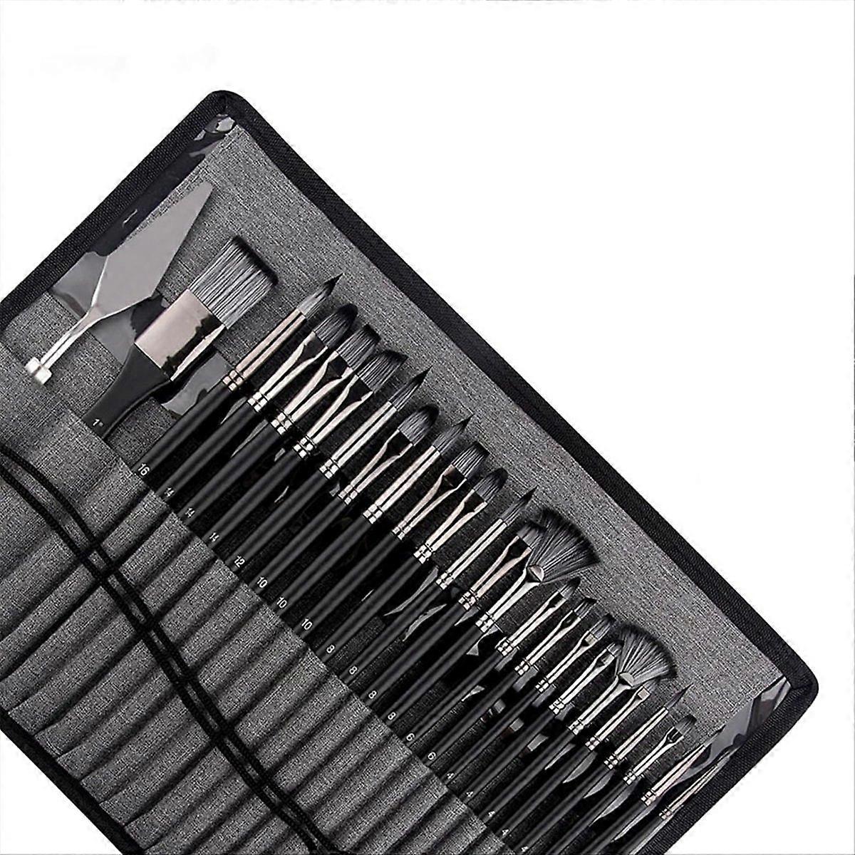 25Piece Paint Brush Set,Wooden Handled Brushes with Canvas Brush Case