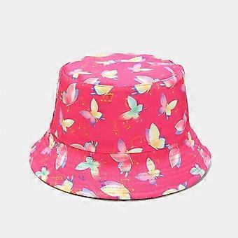 Cute Butterfly Bucket Hat Beach Fisherman Hats for Women, Reversible Double-Side-Wear, Hot Pink