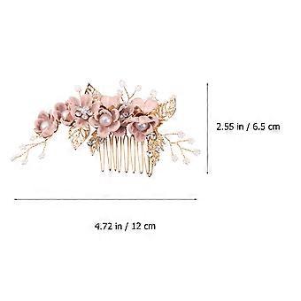 1 PC Grzebień do włosów Metalowa tkanina liściasta Koraliki kwiatowe Rhinestone Inkrustowana wkładka grzebień Akcesoria do włosów (różowy)