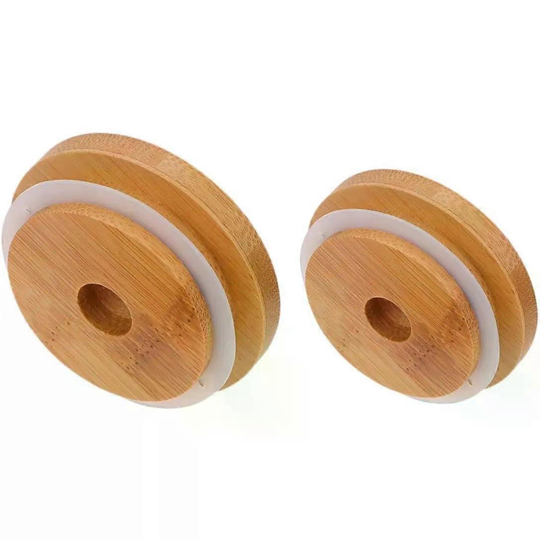 2pcs Bamboo Jar Lid Jar Covers Straw Function for for Drinking Glasses