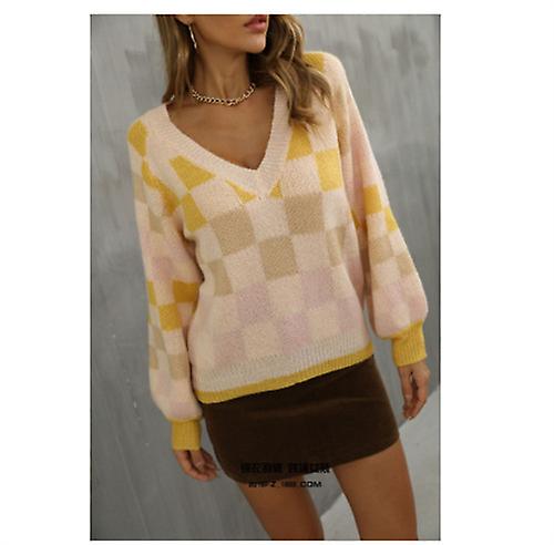 2022 Yeni Varış Kadın Uzun Kollu V Yaka Tasarım Moda Kontrast Renk Ekose Örme Kazak Genç Kız Artı Beden Kazak Kazak