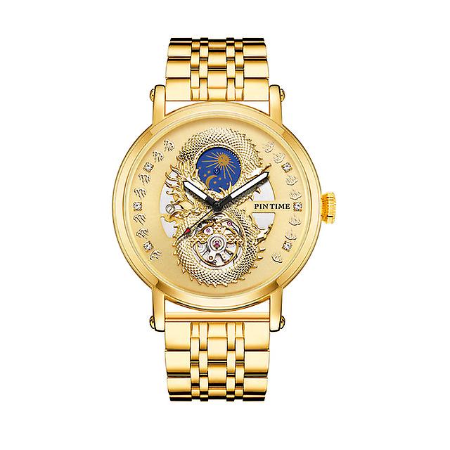 Pintime Watch For Men Automatic Mechanical Wrist Watches Stainless Steel Strap 3d Dragon Emboss Luxury Business Wristwatch Reloj