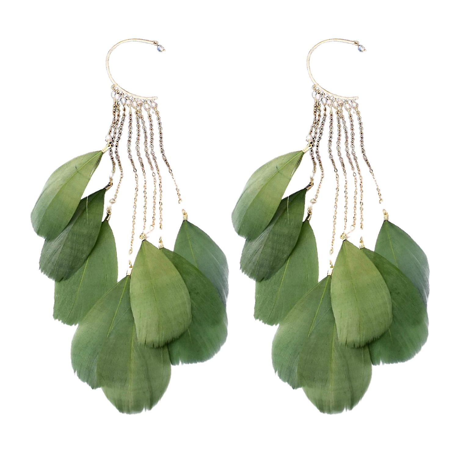 1 Pair Ear Cuffs Vintage Exaggerated Bohemian Style Tassel Anti-rust Daily Wear Alloy Long Feather L