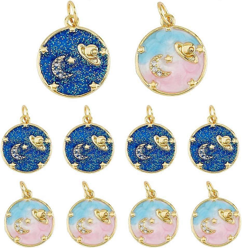 8Pcs Enamel Celestic Charms Flat Round with Moon and Planet Pendants 18K Gold Plated Flat Round Pendants 2 Colors Sun Moon Charms with Open Jump Ring 