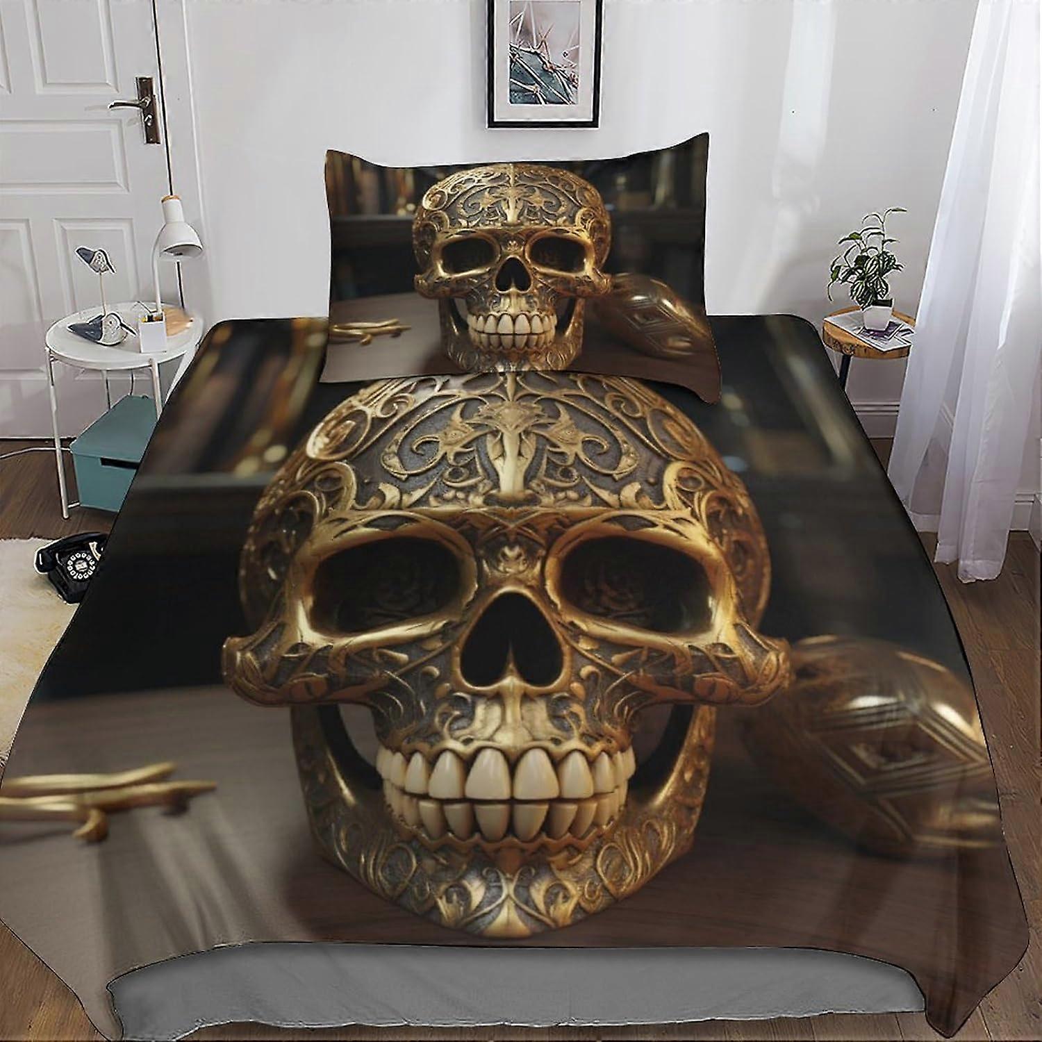 Gothic Skeleton 3D Duvet Cover Sets, Pink Bedding Set and Pillowcase for Single or Double Bed Microfiber with Zipper Closure 2 Pcs Single