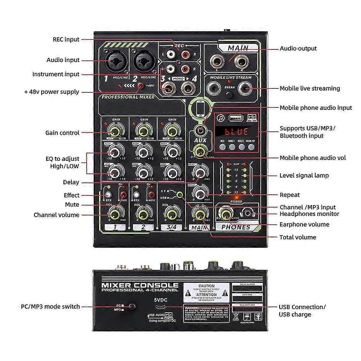 Live Sound Card Mixer Console Pl4 Pro 4 Channel Dsp Effects Professional With Bluetooth Usb Interfa